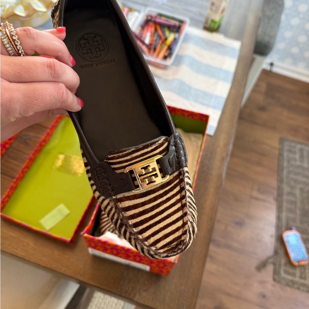 Tory Burch Brown and Gold Striped Loafers